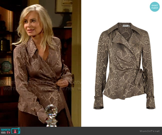 Simkhai Milo Snake-jacquard Satin Wrap Shirt worn by Ashley Abbott (Eileen Davidson) on The Young and the Restless