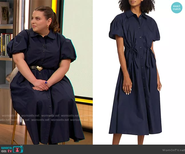 Tanya Taylor Elza Puff-Sleeve Cotton Poplin Shirtdress worn by Beanie Feldstein on The Drew Barrymore Show