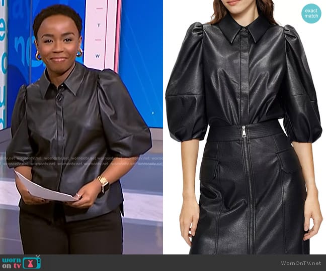 Ted Baker Prins Puff Sleeve Faux Leather Shirt worn by Zinhle Essamuah on NBC News Daily