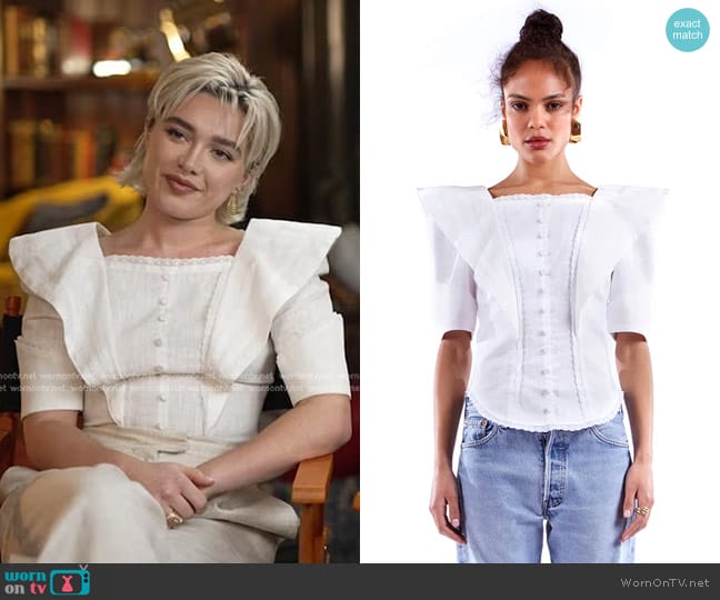The Irish Twin Linen Top with Embroidered Trimmings worn by Florence Pugh on Good Morning America
