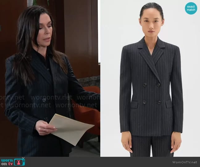 Theory Double-Breasted Slim Blazer in Pinstripe Wool Flannel worn by Anna Devane (Finola Hughes) on General Hospital