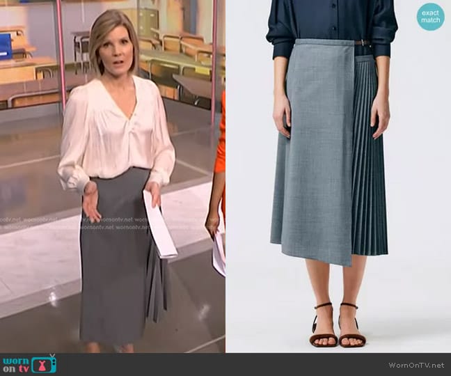 Tibi Tropical Wool Pleated Leather Wrap Skirt in Heather Grey worn by Kate Snow on NBC News Daily