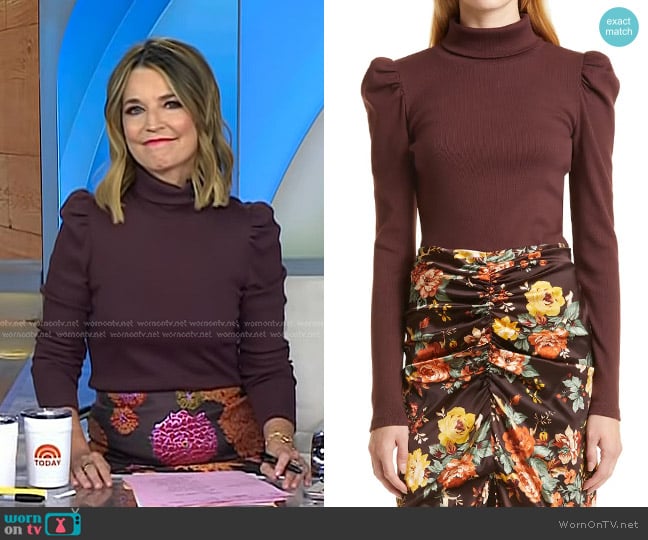 Veronica Beard Cedar Puff Sleeve Turtleneck Rib Top worn by Savannah Guthrie on Today