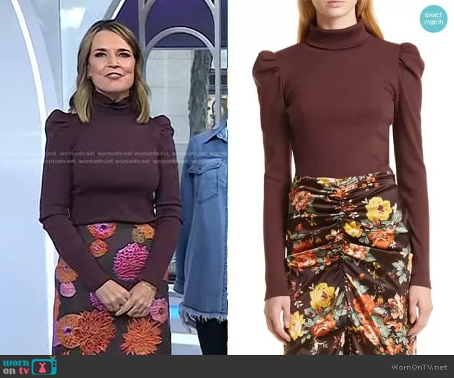 Veronica Beard Cedar Puff Sleeve Turtleneck Rib Top worn by Savannah Guthrie on Today