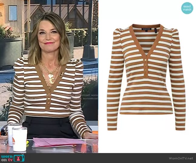 Veronica Beard Delkab Striped Puff-Sleeve Top in Camel Multi worn by Savannah Guthrie on Today