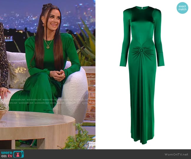 Victoria Beckham Jersey O-Ring Open-Back Gown in Viridian worn by Kyle Richards on The Real Housewives of Beverly Hills