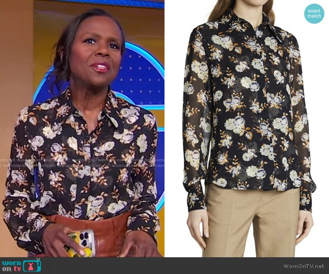 Victoria Beckham Floral Print Club Collar Fitted Button-Down Shirt worn by Deborah Roberts on Good Morning America