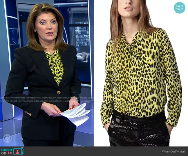 Zadig & Voltaire Taos Animal Print Silk Top worn by Norah O'Donnell on CBS Evening News