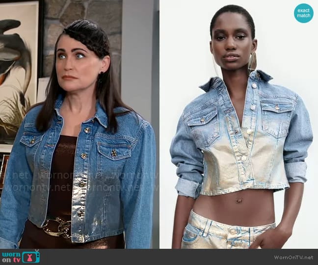 Zara Cropped Metallic Denim Jacket worn by Lois Cerullo (Rena Sofer) on General Hospital