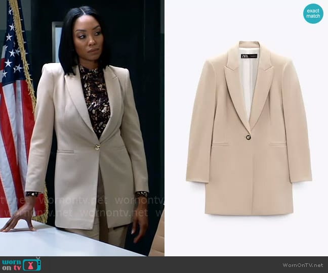 Zara Gold Button Long Blazer worn by Jordan Ashford (Tanisha Mariko Harper) on General Hospital