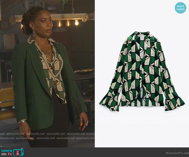 Zara Printed Blouse with Ruffles worn by Malika Williams (Zuri Adele) on Good Trouble