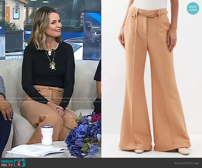 Zimmermann Luminosity Belted Wool-Blend Flare Trousers in Biscuit worn by Savannah Guthrie on Today