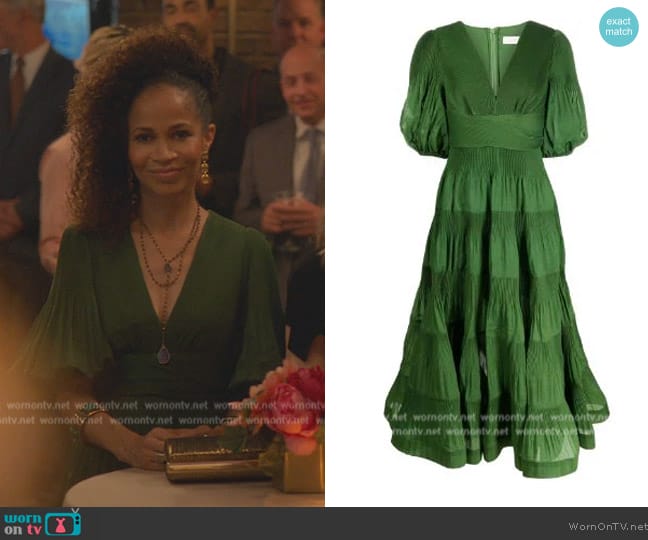 Zimmermann pleated tiered midi dress worn by Sherri Saum (Sherri Saum) on Good Trouble