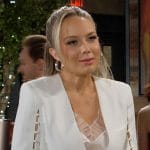 Abby’s white pearl embellished suit on The Young and the Restless