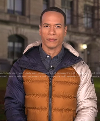 Alex Perez's colorblock down jacket on Good Morning America