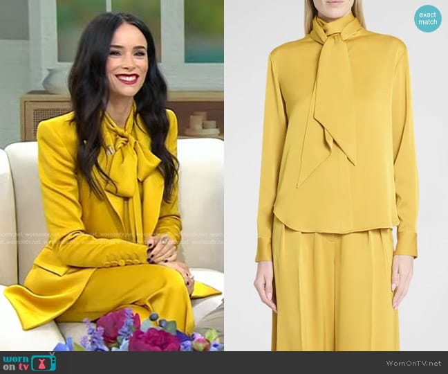 Alex Perry Bow Neck-Scarf Satin Crepe Shirt in Gold worn by Abigail Spencer on Today