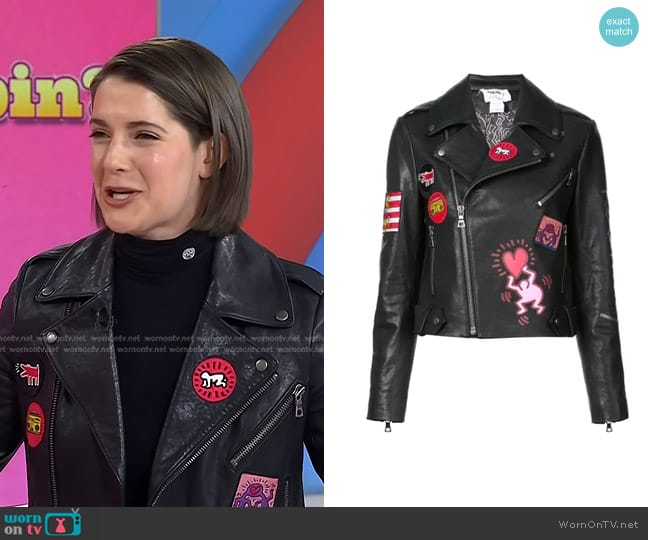 Alice + Olivia Cody Keith Haring-design Cropped Leather Jacket in Black worn by Daryn Carp on Today