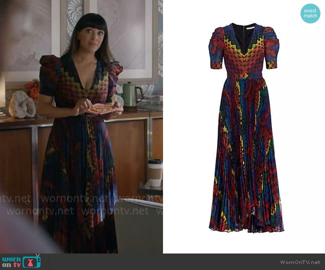 Alice + Olivia Haven Pleated Puff-Sleeve High-Low Dress worn by Sam (Hannah Simone) on Not Dead Yet