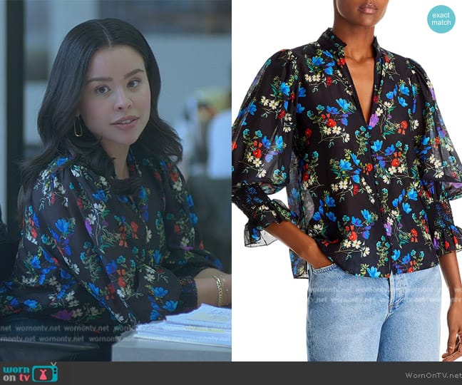 Alice + Olivia Ilan Floral Smocked Sleeve Top worn by Mariana Foster (Cierra Ramirez) on Good Trouble