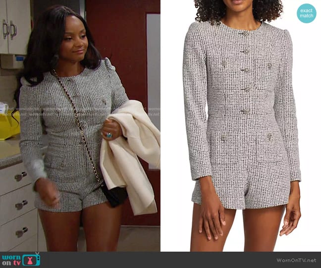 Alice + Olivia Shiloh Long-Sleeve Tweed Romper in Black Off White worn by Chanel Dupree (Raven Bowens) on Days of our Lives