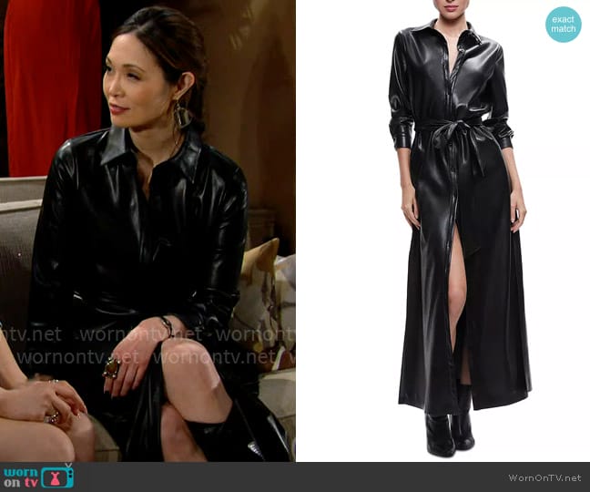 Alice + Olivia Chassidy Faux Leather Maxi Shirt Dress worn by Penelope Poppy Nozawa (Romy Park) on The Bold and the Beautiful