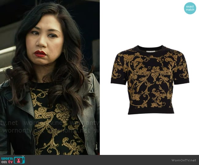 Alice + Olivia Ciara Jacquard Knit Crop Top worn by Melody Bayani (Liza Lapira) on The Equalizer