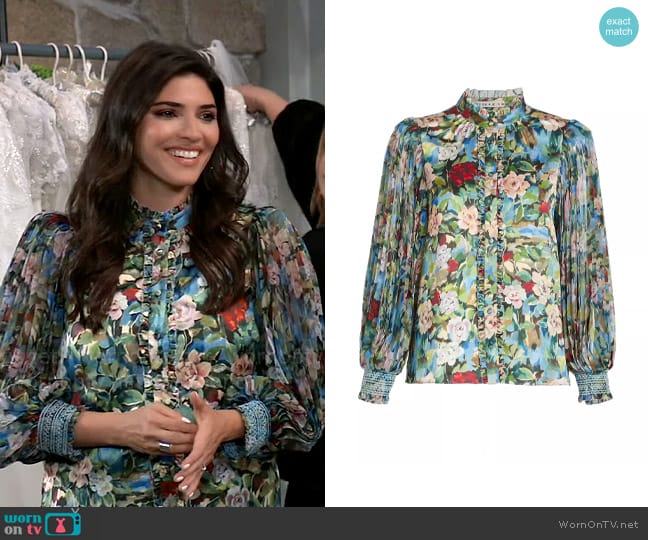 Alice + Olivia Ilan Shirt in Breeze Floral worn by Brook Lynn Quartermaine (Amanda Setton) on General Hospital