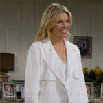 Lucy’s (Amanda Kloots) white trench coat and pink bag on The Bold and the Beautiful