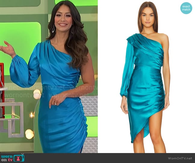 Manuela’s blue one-shoulder dress on The Price is Right