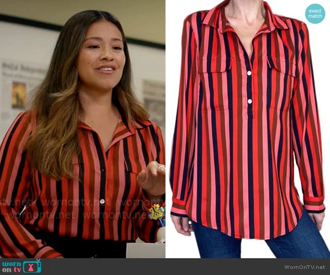 Ann Taylor Striped Blouse worn by Nell Serrano (Gina Rodriguez) on Not Dead Yet