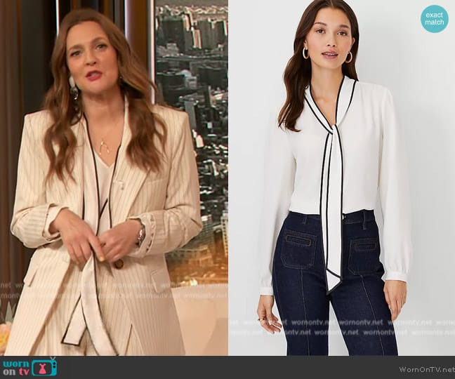 Ann Taylor Tipped Tie Neck Top worn by Drew Barrymore on The Drew Barrymore Show