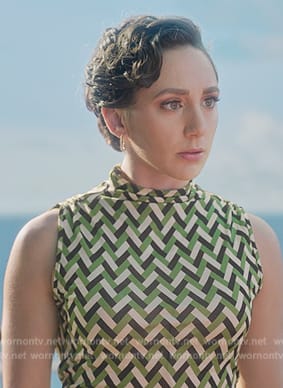 Anna's green geometric print top on Death and Other Details