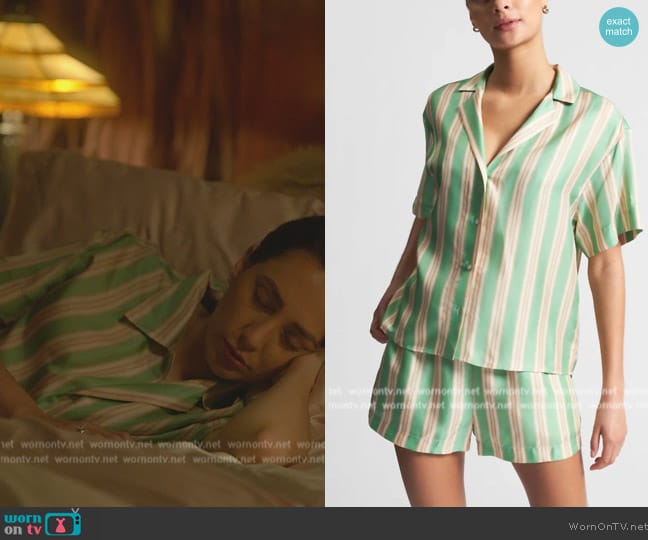 Asceno Prague Striped Silk Pj Top In Creme De Menthe worn by Anna (Lauren Patten) on Death and Other Details