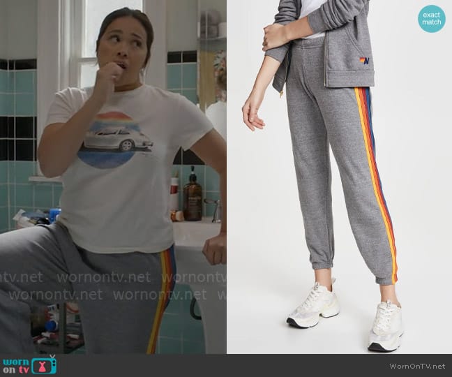 Aviator Nation 5 Stripe Sweat Pants worn by Nell Serrano (Gina Rodriguez) on Not Dead Yet