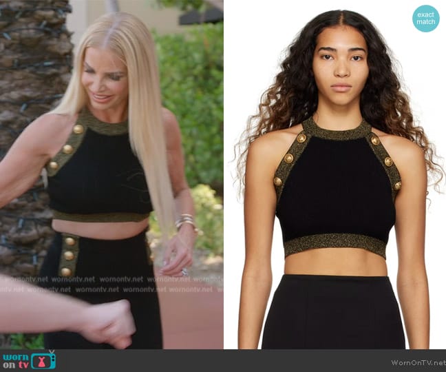 Alexia’s black button detail crop top on RHOM