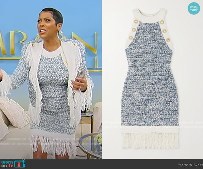 Balmain Embellished fringed denim-tweed mini dress worn by Tamron Hall on Tamron Hall Show