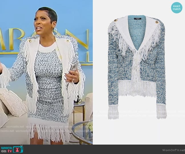 Balmain Fringed denim tweed jacket worn by Tamron Hall on Tamron Hall Show