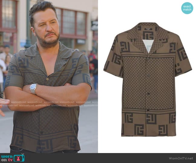 Balmain Monogram Scarf-Print Shirt worn by Luke Bryan on American Idol