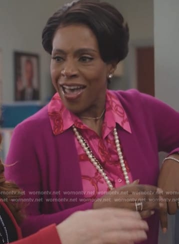 Barbara's pink chain print blouse on Abbott Elementary