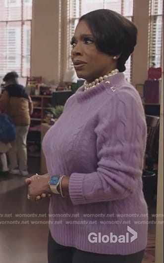 Barbara's lavender cable knit sweater on Abbott Elementary