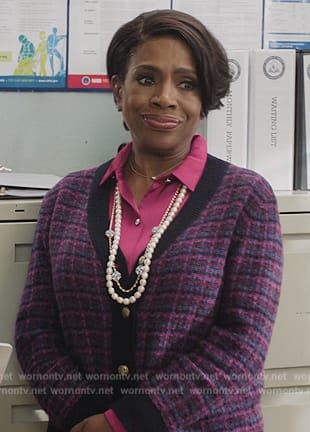 Barbara’s pink tweed cardigan on Abbott Elementary