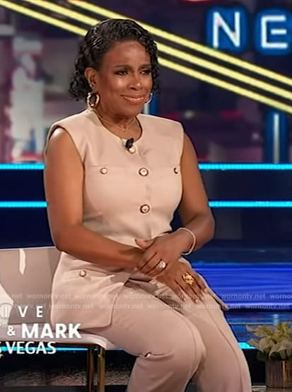 Sheryl Lee Ralph’s beige button down vest and pants on Live with Kelly and Mark