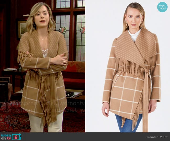 Bcbgmaxazria Fringed Oversized Collar Wrap Coat In Camel Plaid worn by Hope Logan (Annika Noelle) on The Bold and the Beautiful