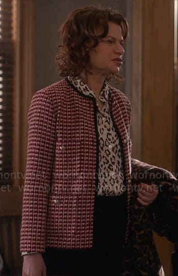 Belinda’s white leopard blouse and leopard print coat on So Help Me Todd