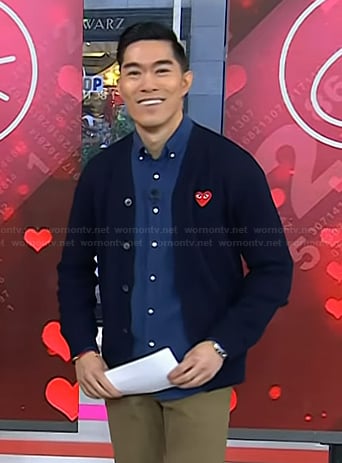 Brian Cheung's navy heart patch cardigan on Today
