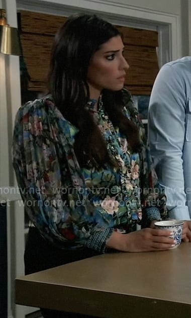 Brook Lynn's floral pleated sleeve blouse on General Hospital