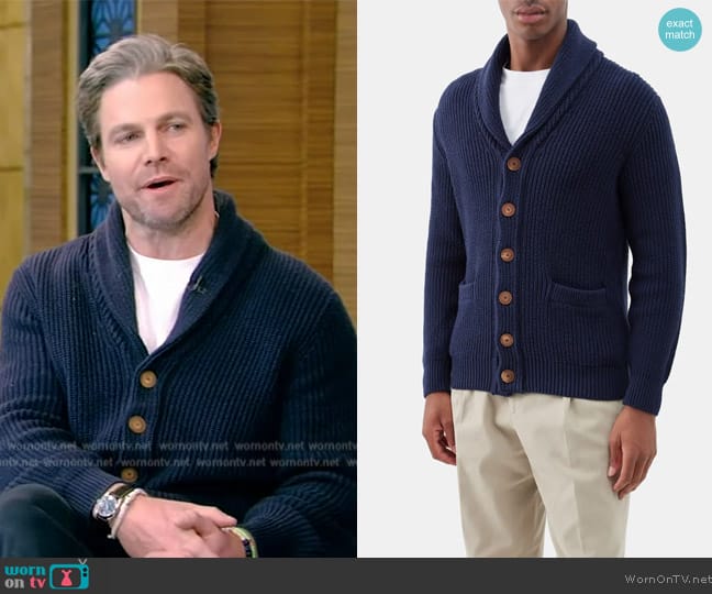 Brunello Cucinelli Shawl-neck cotton cardigan worn by Stephen Amell on Live with Kelly and Mark