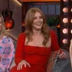 Bryce Howard’s red ribbed square neck dress on The Kelly Clarkson Show