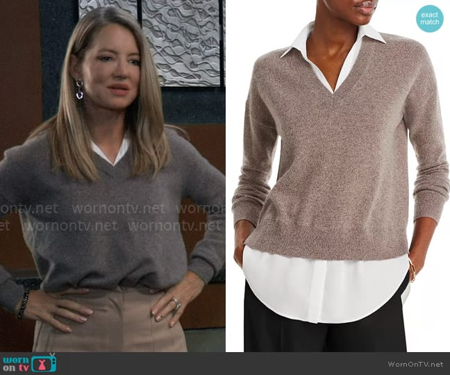 C by Bloomingdales Layered Look Cashmere Sweater in Heather Rye Sesame worn by Nina Reeves (Cynthia Watros) on General Hospital