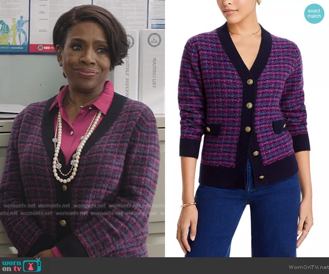 C by Bloomingdales Tweed Contrast Trim Cashmere Cardigan worn by Barbara Howard (Sheryl Lee Ralph) on Abbott Elementary